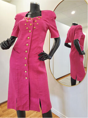 Vintage Linen Shirt Dress by Mondi, Fushia Gold, Size 36 | 1980s